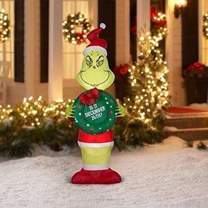 Gemmy Christmas Airblown Inflatable Inflatable Grinch with Wreath 4 ft Tall Y...